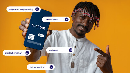 Poster - Man showcasing chatbot app features with AI capabilities in a vibrant orange background