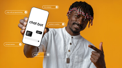 Poster - Man showcasing chatbot mobile application with helpful features on a vibrant orange background