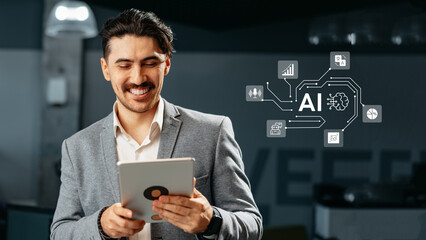 Poster - Professional man engages with tablet in a modern office setting while exploring artificial intelligence connections