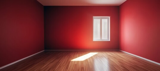 Poster - Bright and Spacious Minimalist Red Interior Apartment with Sunlight on Polished Wooden Floor Design