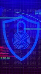 Poster - Animation of digital shield with padlock and fingerprint over data processing and world map