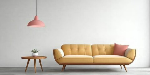 Poster - Contemporary Living Room Featuring a Pink Hanging Lamp Above a Cozy Sofa and Stylish Decor Elements