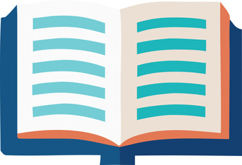 Poster - An open book with blue and turquoise horizontal lines on cream pages set against a navy blue background with an orange spine detail