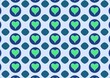 © APBY - Seamless pattern of green hearts within navy blue circles and teal diamond shapes on a light blue background
