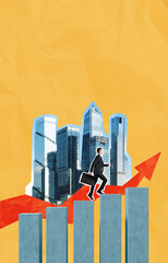 Poster - Businessman climbing bar graph with city background and red arro