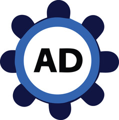 Fototapete - Abstract circular logo design featuring the letters ad in bold black text within a blue segmented ring on a white background