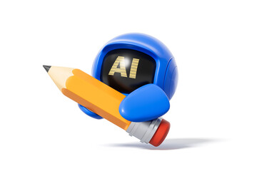 Aufkleber - Cute blue robot character holding a pencil with AI on screen representing artificial intelligence writing concept on white background. 3D Rendering