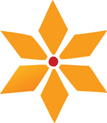 Poster - Abstract geometric starburst design with a central red circle and six radiating orange diamond shaped petals on a white background