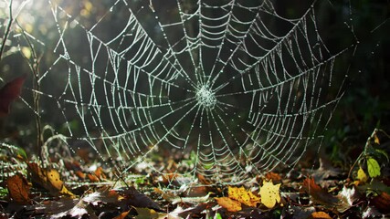 Spiderweb Covered in Morning Dew Among Autumn Leaves Outdoor Shot
