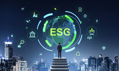 Poster - Businessman looking at ESG digital interface with sustainability