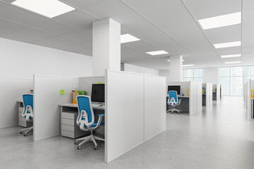 Fototapete - Modern office cubicle layout with ergonomic chairs and computers in bright open space setup with minimalist design concept for workplace productivity. 3D Rendering