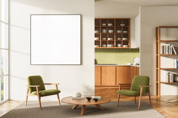 Poster - Modern interior with blank poster on wall above green chairs in cozy living space with wooden accents and kitchen view in daylight. 3D Rendering