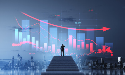 Poster - Businessman on stairs analyzing declining financial graph over N