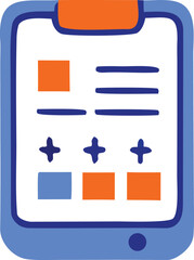 Fototapete - Stylized digital tablet displaying a simple checklist or data visualization with geometric shapes and icons in blue and orange