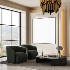 Poster - Modern interior room with blank square poster on wall, elegant furniture, and panoramic window in daylight atmosphere for mockup or design concept template. 3D Rendering