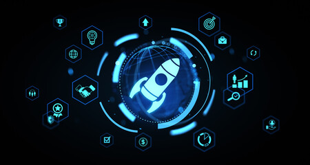 Poster - Futuristic startup launch concept with rocket icon and digital business symbols surrounding glowing globe in dark technology interface style. 3D Rendering