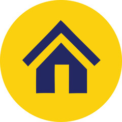 Poster - A minimalist blue house icon with a doorway is prominently displayed within a vibrant yellow circular background