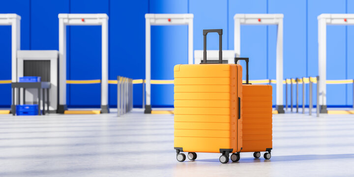 Two modern orange suitcases at airport security checkpoint with blue background, representing travel and transportation concept in 3D rendering style. 3D Rendering