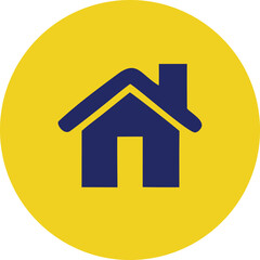 Poster - A simple dark blue house icon with a prominent chimney is centered on a bright yellow circular background with a subtle textured pattern