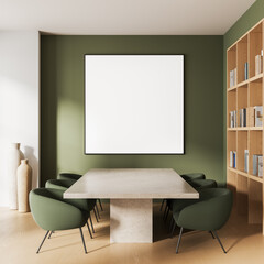 Poster - Modern interior with blank poster mockup on green wall above stone table surrounded by green chairs in minimalist meeting room with bookshelf decor. 3D Rendering