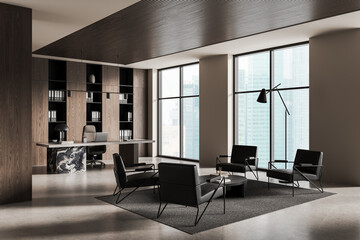Fototapete - Modern executive office interior with minimalist furniture and skyline view through large windows, featuring wood and marble textures. 3D Rendering