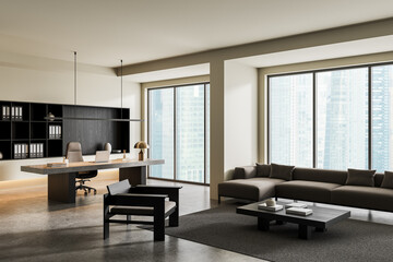 Fototapete - Modern executive office interior with minimalist design and lounge area featuring large windows and city skyline view. Concept of workspace comfort. 3D Rendering