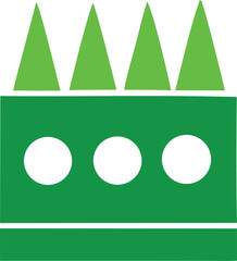 Poster - Abstract green geometric design featuring four pointed triangles atop a rectangular band with three circular cutouts and a base stripe