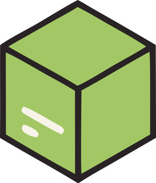A simple stylized isometric cube with a light green textured surface and bold black outlines featuring two white abstract shapes