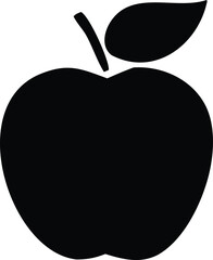Poster - A simple black silhouette of a ripe apple with a stem and a single leaf against a clean white background