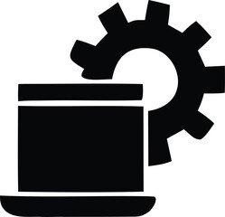 Poster - A simple black icon depicting a laptop computer with a gear symbol integrated into its design suggesting technology and functionality
