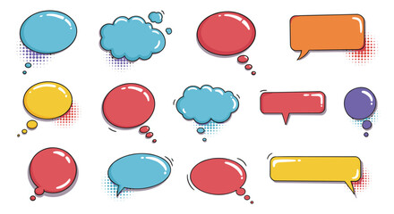 Leinwandbilder - A diverse assortment of colorful pop art speech and thought bubbles, featuring comic style halftone patterns on a white background.