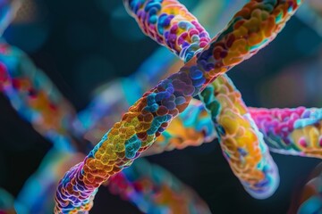 Poster - Microscopic view of colorful bacteria illustrating cell division and growth, forming interconnected chains