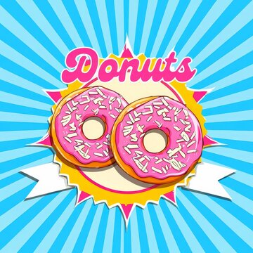 Retro art design. Two pink glazed donuts with sugar sprinkles placed in center of comic swirl background.