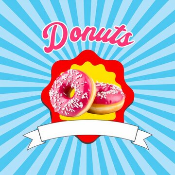 Retro art design. Two pink glazed donuts with sugar sprinkles placed in center of comic swirl background.