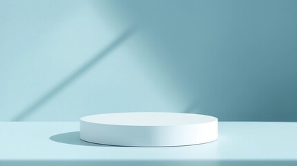 Poster - Abstract empty white podium with geometric shadows on blue background. Mock up stand for product presentation. Minimal concept 