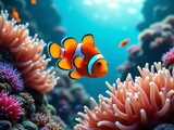 Cute anemone fish playing on the coral reef, beautiful color clownfish on coral feefs, anemones on tropical coral reefs