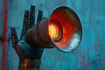 Poster - Metal robotic hand holding a rusty illuminated spotlight against a textured industrial backdrop