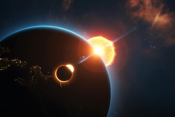 Wall Mural - A solar eclipse seen from space with the sun partially obscured by a dark planet and earth visible