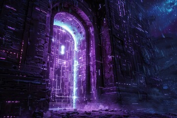 Poster - Vibrant, glowing portal illuminates a dark, futuristic environment