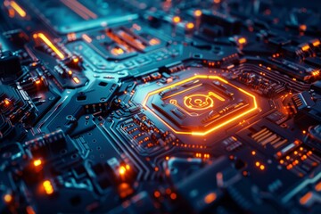 Fototapete - Complex electronic circuit board pulsating with orange light, symbolizing data processing, advanced technology, and futuristic innovation