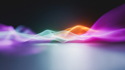 Poster - Abstract Waveform of Vibrant Colors: This abstract composition showcases a dynamic flow of radiant light. The waves, in tones of green, orange, and purple, ripple across a surface, symbolizing energy.