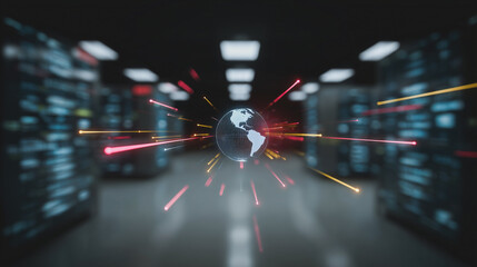 Fototapete - Global Network: Data streams converge on a central globe, symbolizing interconnectedness in a high-tech server room with blurred lights and depth of field.