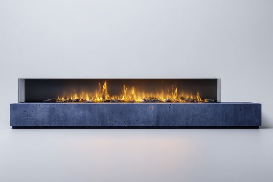 Modern concrete fireplace with fire
