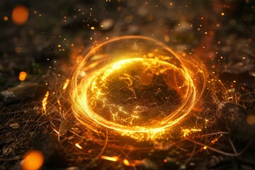 Poster - Swirling fiery portal opening on forest ground with flying sparks and bokeh, creating a magical atmosphere