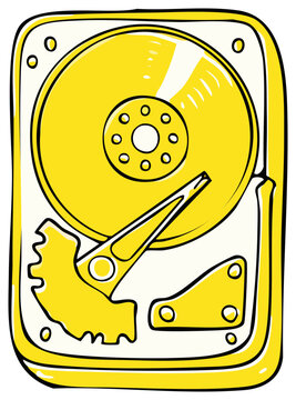 Yellow Hard Drive Illustration with Stylized Outline, Data Storage Concept, Hand-Drawn Style, and Retro Aesthetics, Disk Platter
