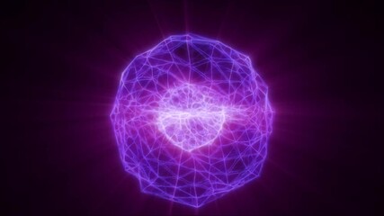 Poster - Glowing violet abstract sphere with bright neon geometric network, creating a vibrant futuristic energy structure