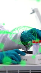 Poster - Animation of chemical formulas and data processing over caucasian male lab worker with samples