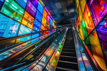 Poster - Modern escalator going up surrounded by colorful stained glass windows reflecting lights in contemporary architecture
