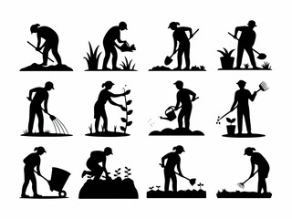 Poster - Collection of twelve diverse gardening activities depicted as black silhouettes including planting watering digging and raking in a stylized silhouette style