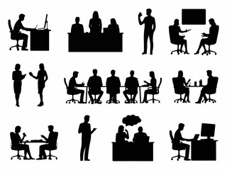 Poster - Collection of diverse business meeting and office work scenes depicted in a clean modern silhouette style showcasing collaboration and professional interactions silhouette